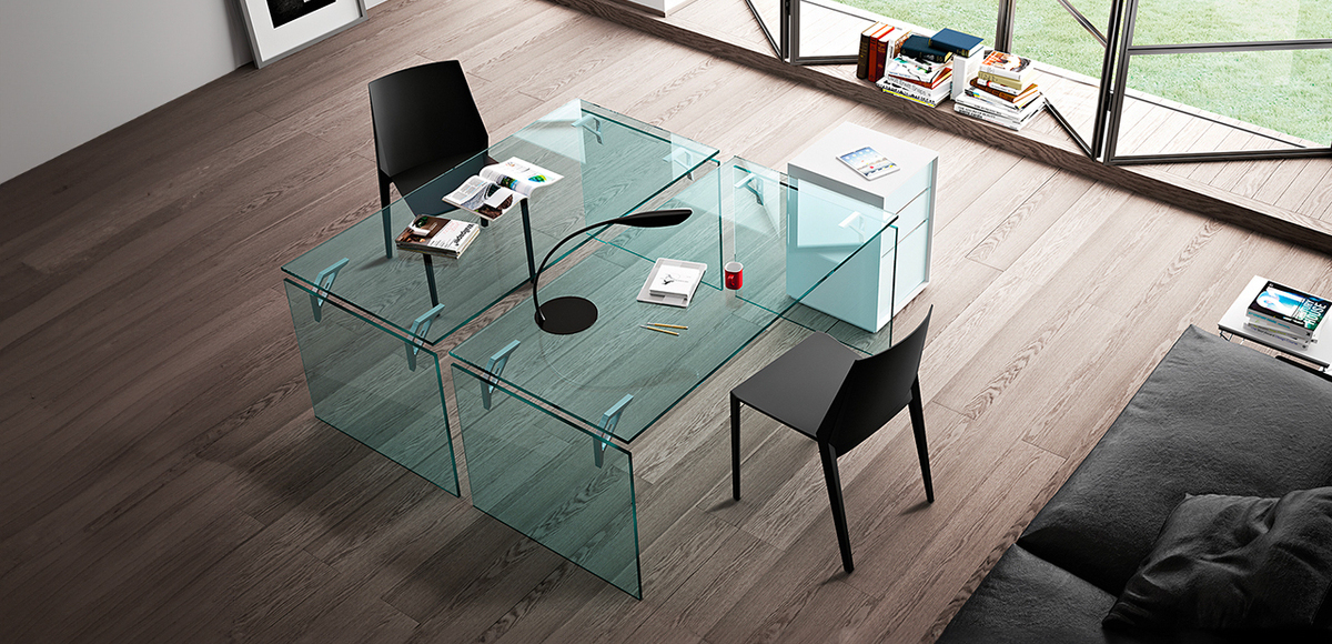 Table De Bureau En Verre Et Acier Avec Tiroirs à Droite, 140 X 70 X 75 Cm B1b05