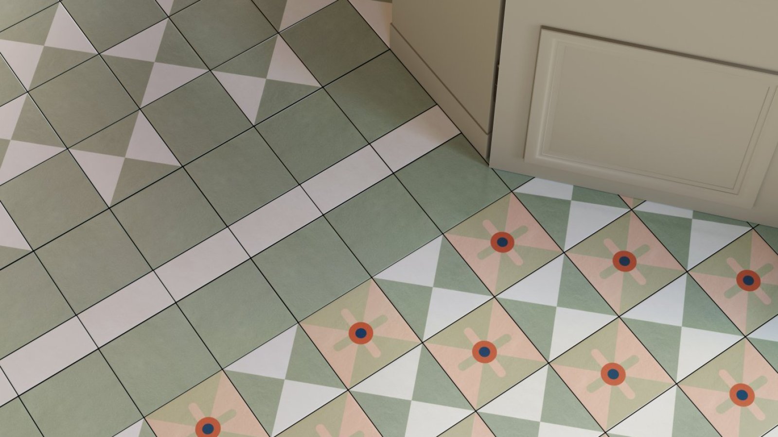 Mattonelle Margherita de Mutina, motifs mélangés au sol et au mur
