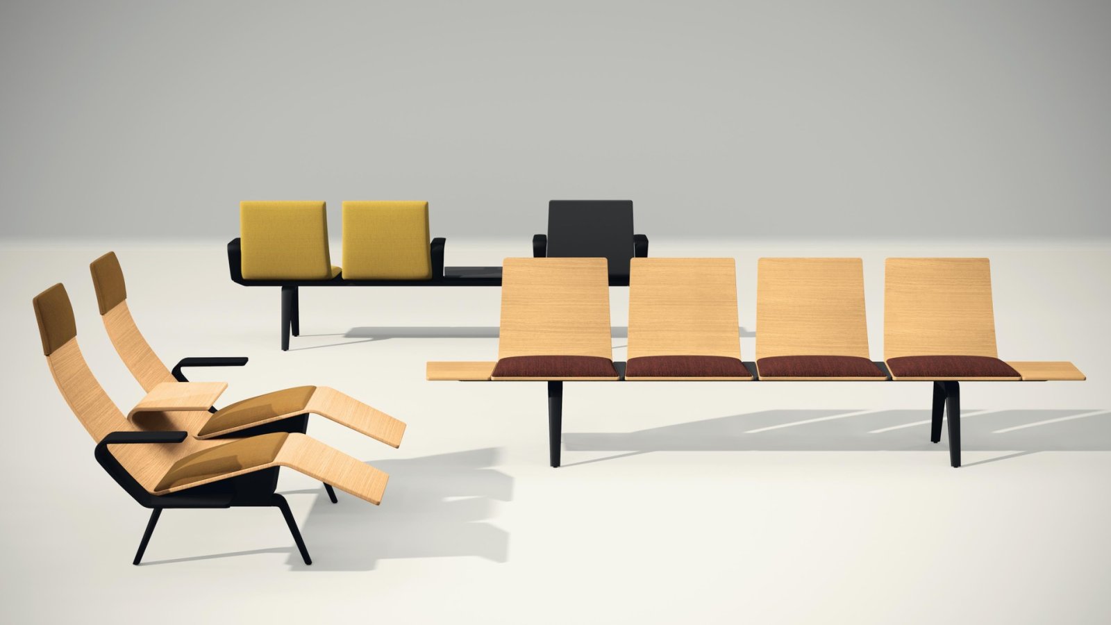 Banc Pausit d'Arper en structure Lounge avec deux chaises longues