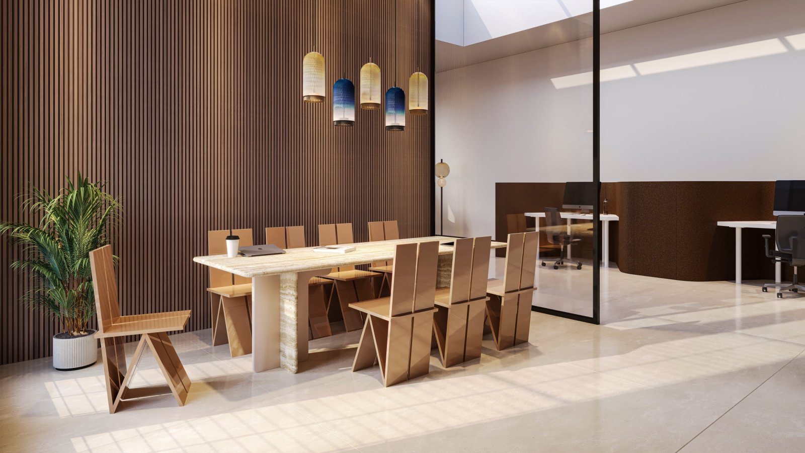 Table de réunion Ginza de Codutti avec plateau en travertin romain sur deux panneaux structurels