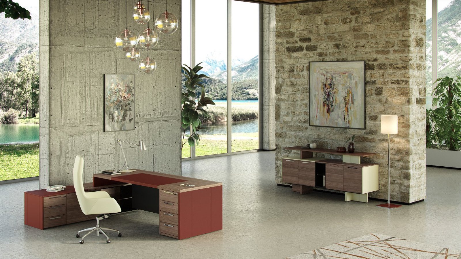 Bureau classique One de Codutti en noyer avec plateau en verre extra-clair et côtés en cuir