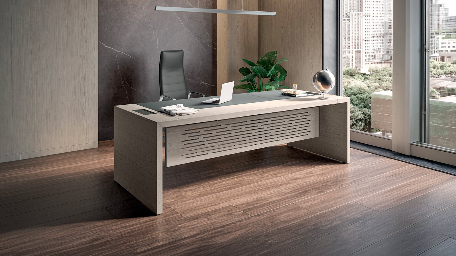 Bureau design e-10 de Quadrifoglio sous une suspension dorée