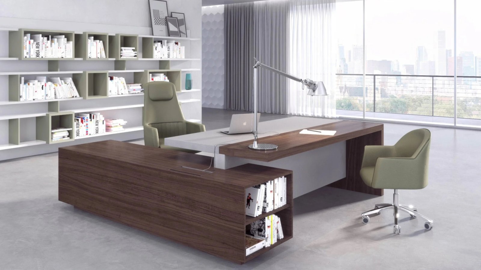 Bureau de direction moderne Ducale d’Estel, meuble de service en travers, bibliothèque en essence