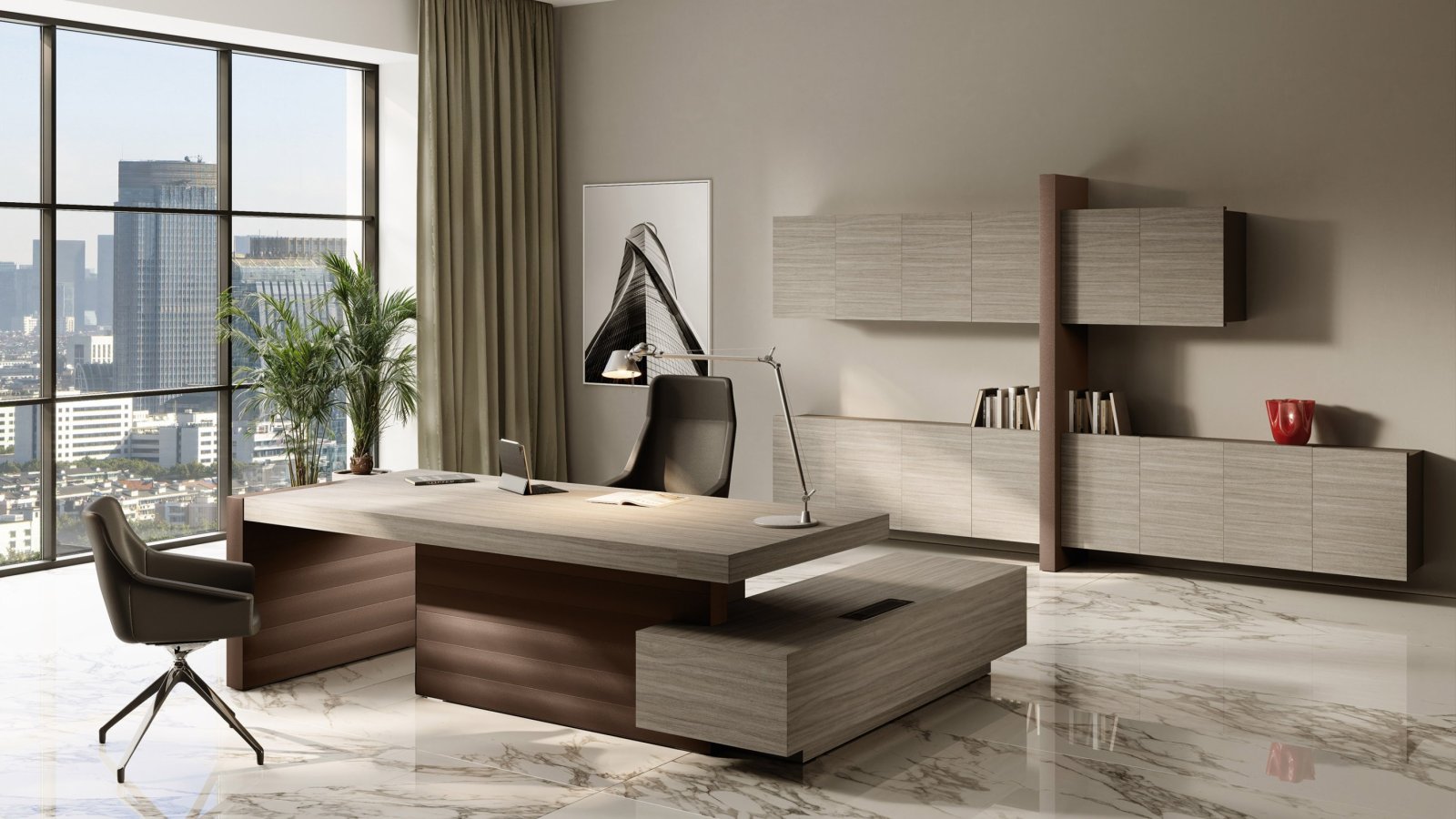 Las Mobili Jera bureau de direction 2 100 mm finition Noce Bali, flancs Eco-Pelle Ardesia — espace direction Paris
