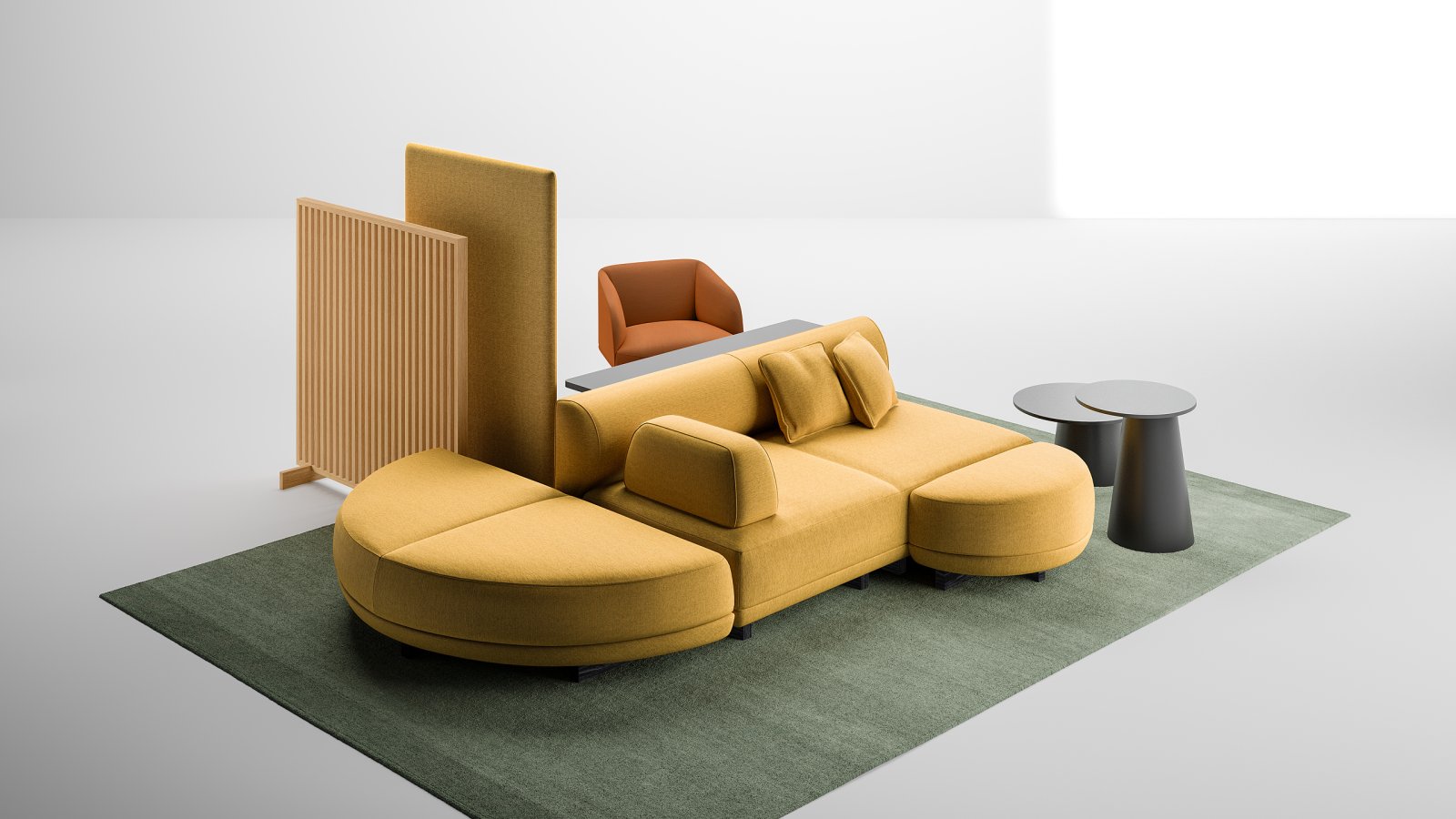 Îlot Node+ de 180 × 180 cm avec dossiers rembourrés dans un hall d’entreprise