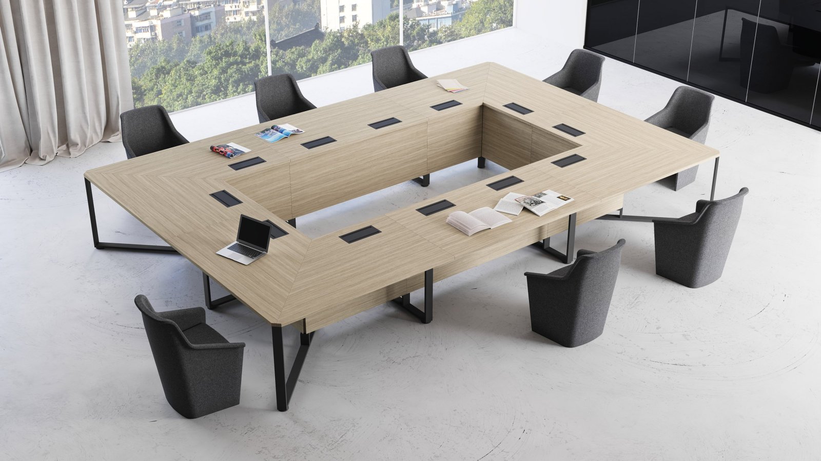 Salle de réunion équipée de la table, crédence et pupitre I-Meet de Las Mobili