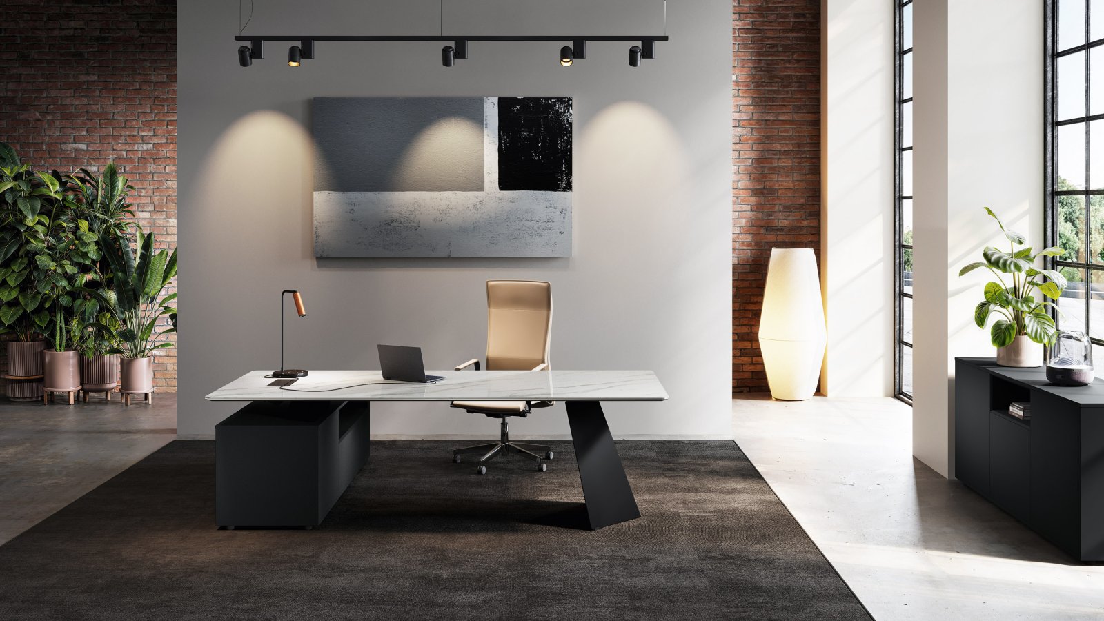 Détail du plateau céramique Nero Desirè sur le bureau Monolith