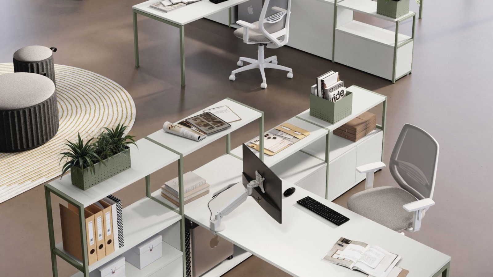 Système de bureaux opératifs Sigma de Las Mobili avec workstations bench sur pieds métalliques carrés