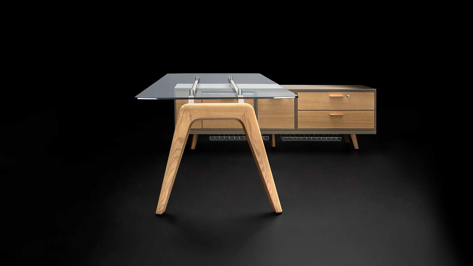 Bureau design Rail de Bralco en chêne avec plateau à coupe diamant
