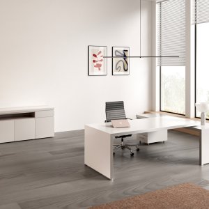 Plateau Fenix Bianco Kos sur un bureau Fattore Alpha