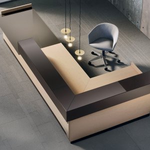 Toki d'Archiutti, banque d'accueil modulaire dans un hall d'entreprise