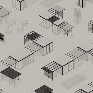 Pergola en porte-à-faux du CSS_Village avec rideaux coulissants
