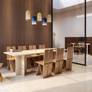 Table de réunion Ginza de Codutti avec plateau en travertin romain sur deux panneaux structurels
