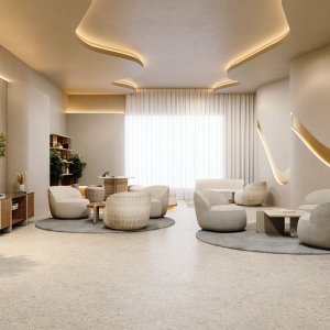 Table ronde Ginza et trois fauteuils dans un coin de conversation