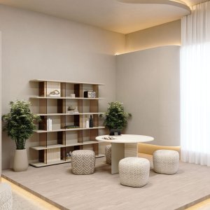 Panneau laqué du piètement Ginza à côté du panneau en travertin