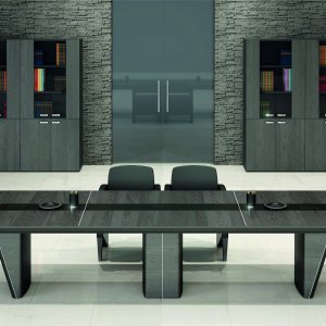 Table de réunion ovale iSixty sur demi-colonnes de bois à fil lumière