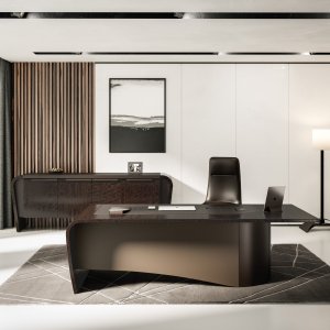 Plateau en eucalyptus du bureau Mithos avec incrustation de cuir