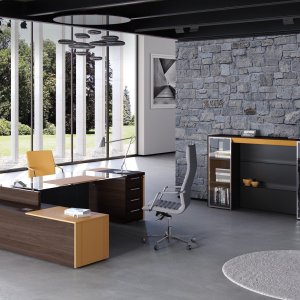 Côtés en pierre Piasentina à flammes blanches sur le bureau de direction One