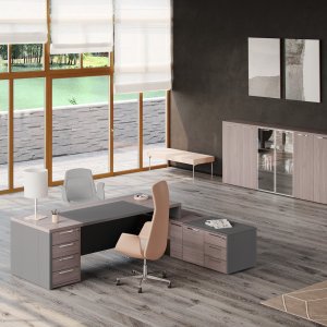 Rallonge multifonction du bureau One avec tablettes en verre, logement PC et porte-sac