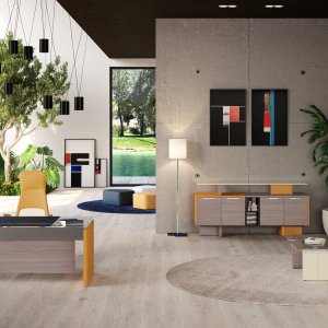 Table de réunion modulaire One de Codutti pour 14 personnes, plateau verre-bois-verre