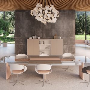 Table ronde One avec colonne carrée gainée de cuir et base ronde en métal