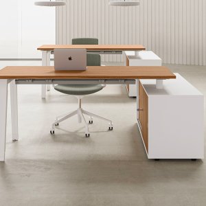 Bureau opératif E-Place de DVO Office sur piètement en arche blanc