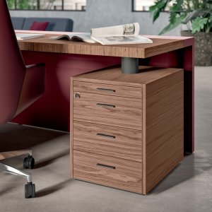 Bibliothèque laquée gris ombre derrière le bureau e-10