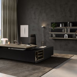 Top-access en aluminium noir à trappe basculante sur une table de réunion Elite