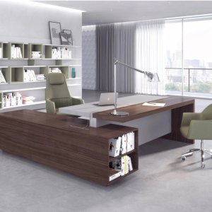 Bureau de direction moderne Ducale d’Estel, meuble de service en travers, bibliothèque en essence
