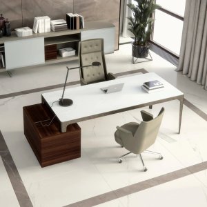 Table de réunion rectangulaire Estel, colonne passe-câbles au centre et trappes alignées