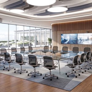 Table de réunion UniTable d'ICF avec plateau plaqué et piètement en aluminium poli