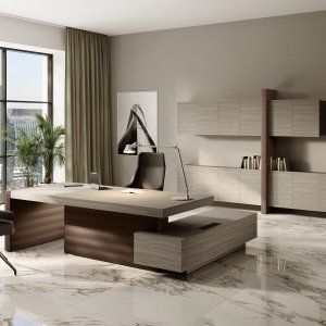 Las Mobili Jera bureau de direction 2 100 mm finition Noce Bali, flancs Eco-Pelle Ardesia — espace direction Paris