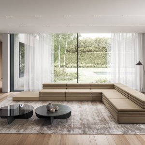 Table basse laquée Acamante glissée entre deux modules d’assise