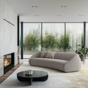Fauteuil Apper de trois quarts en tissu clair sur piètement en frêne
