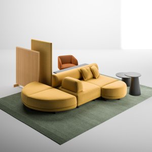 Îlot Node+ de 180 × 180 cm avec dossiers rembourrés dans un hall d’entreprise