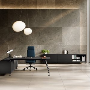 Table de réunion Énosi avec top-access blanc en aluminium et plateau en verre