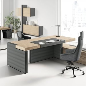 Bureau de direction Jera de Las Mobili, volumes porteurs en éco-cuir et plateau en décor effet bois