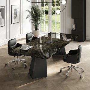 Profil du bureau Monolith d'Orlandini Design : plateau mince sur jambes en V
