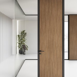 Porte battante bois B1 à cadre aluminium du système Mood