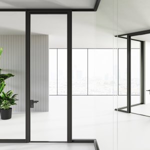 Barre antipanique push-bar sur une porte vitrée Mood