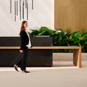 Banque d'accueil Kyo de Martex avec façade en BioArgilla