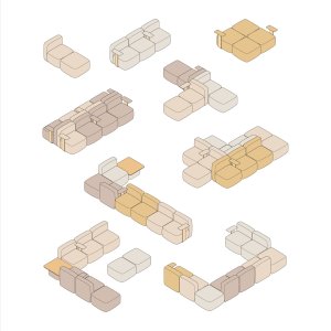 Pouf du système One Hundred de Quinti accolé à un module d’assise