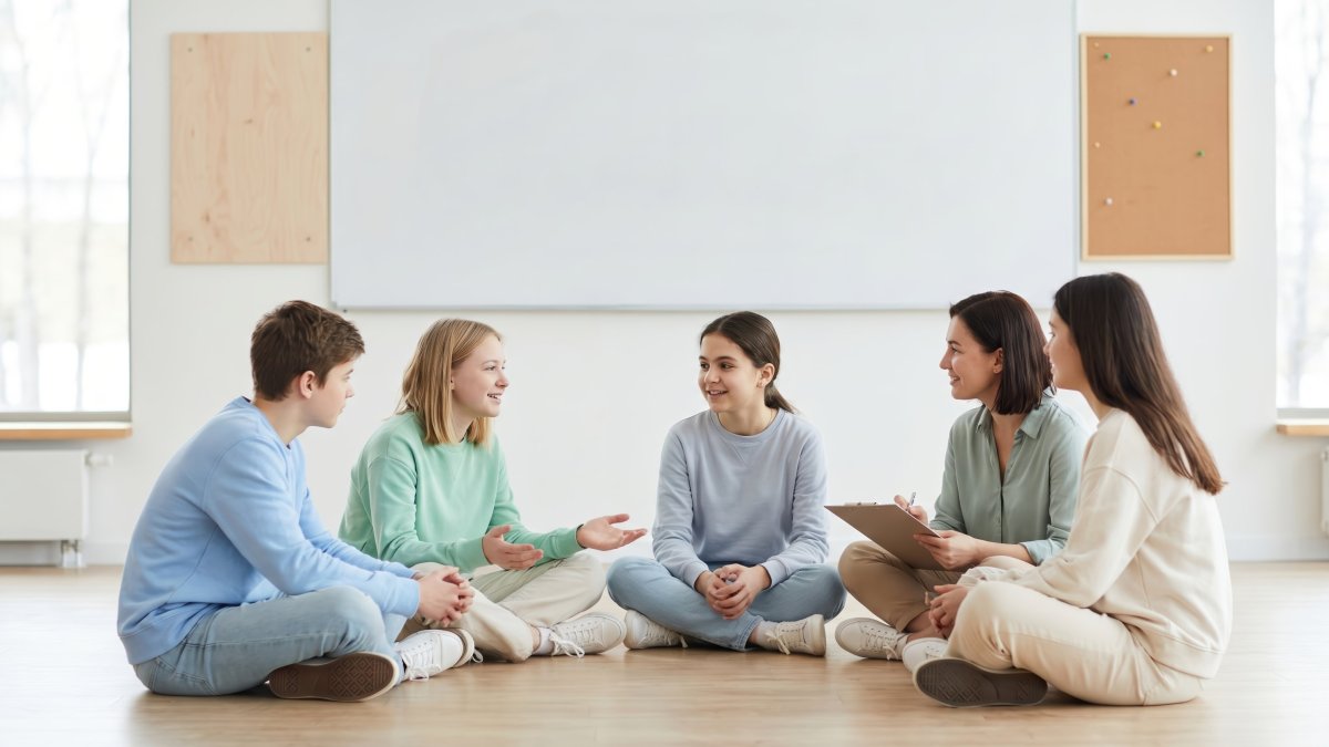 Adolescents et adultes assis en cercle sur le sol d'une salle de classe lumineuse, devant un tableau blanc
